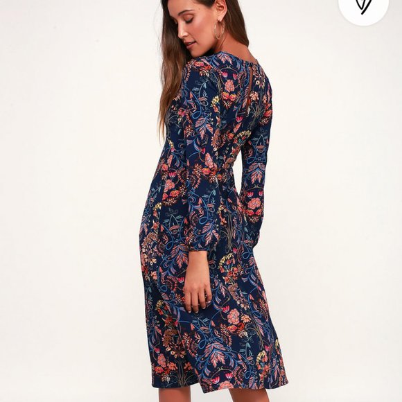 Navy Blue Floral Print Dress - Picture 6 of 7